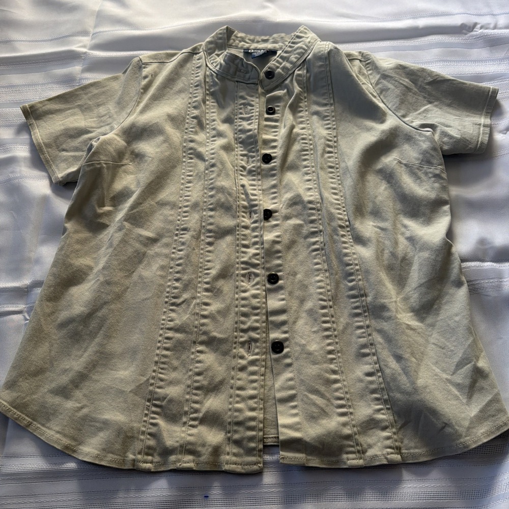 Denim & Co Womens Khaki Tan Pintuck Button Up Top Mandarin Collar Size L